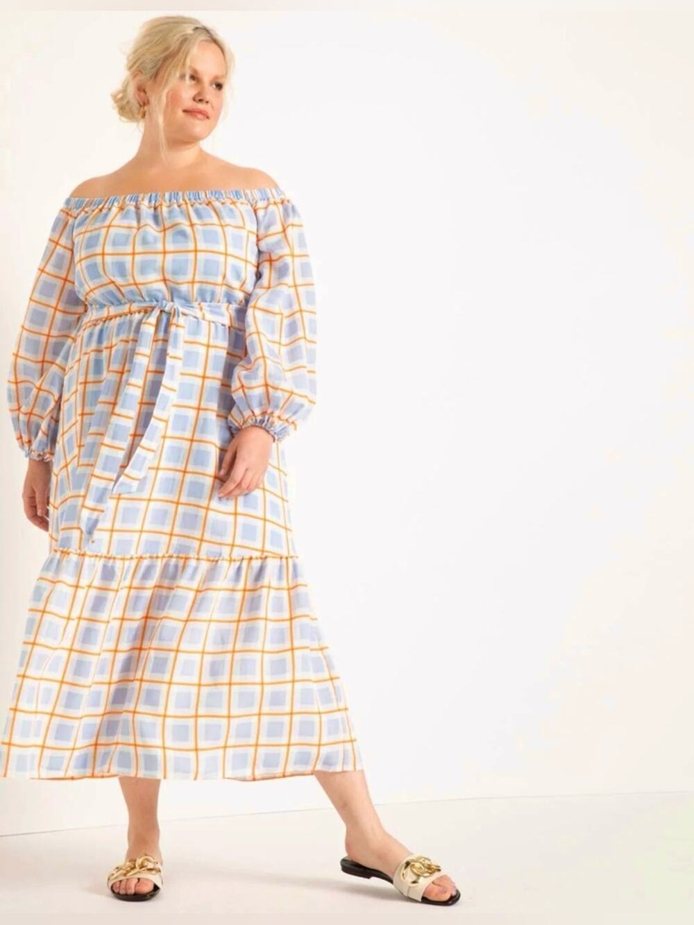 Eloquii Off Shoulder Windowpane Plaid Belted Midi Dress 16 Blue Orange